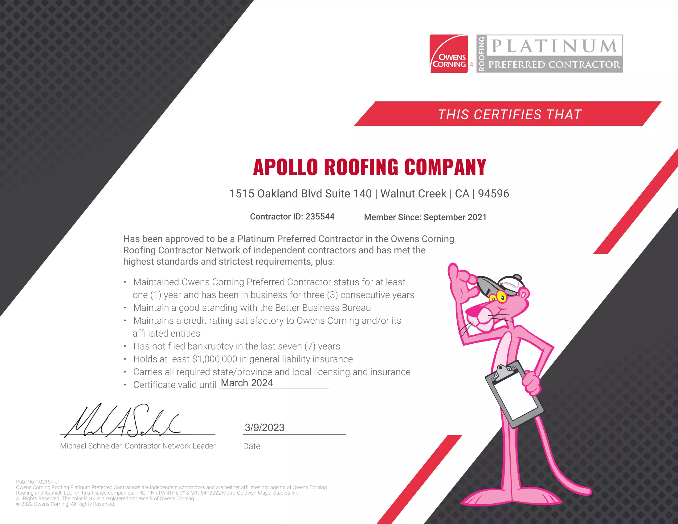 Copy of Owens Corning Platinum Contractor Certificate