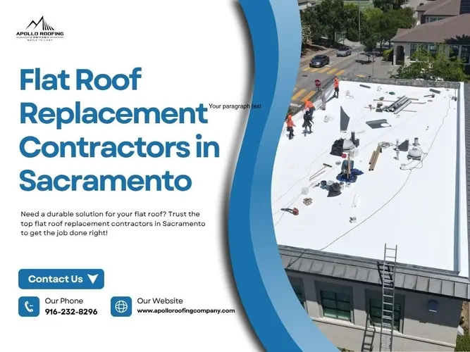 Professional contractors replacing flat white membrane roof in sunny Sacramento