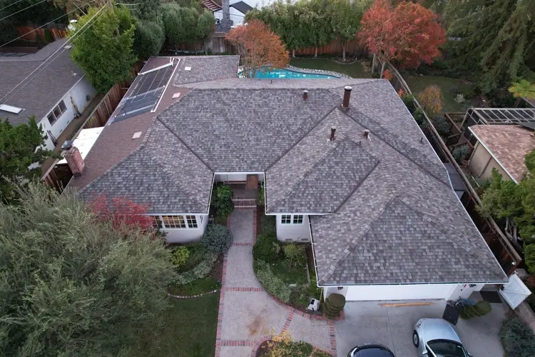 Aerial view of a Walnut Creek home with a newly installed composite shingle roof