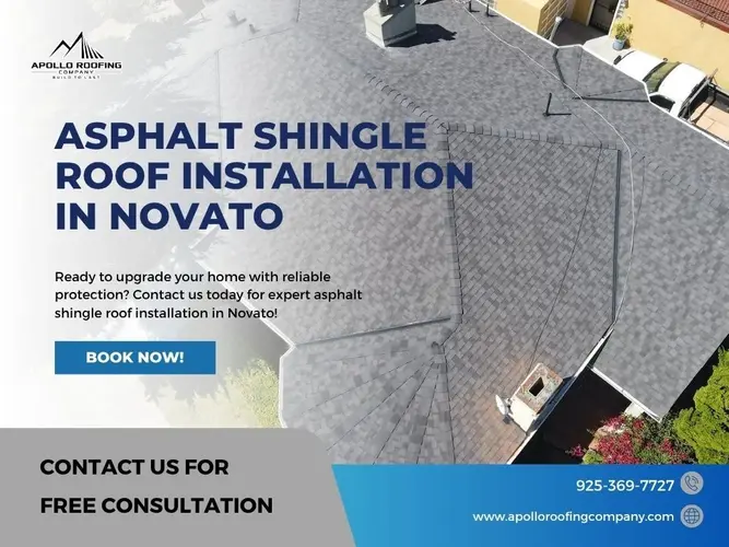 Aerial view of a home with newly installed asphalt shingle roof in Novato, promoted by Apollo Roofing Company