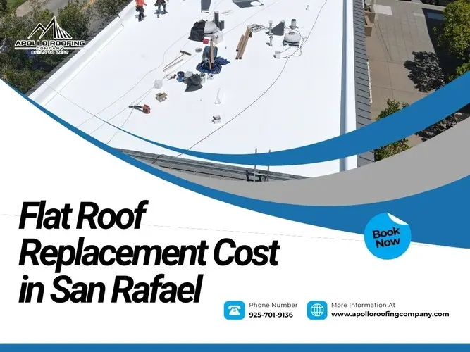 Flat roof replacement in progress by Apollo Roofing Company in San Rafael