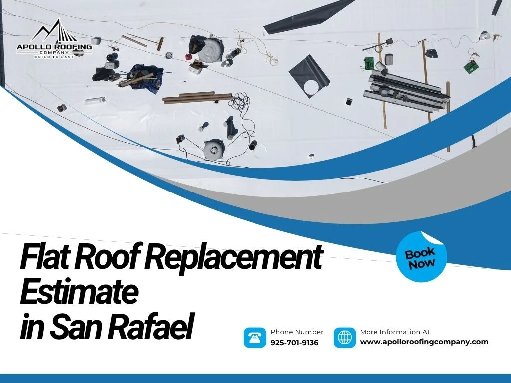 Flat roof replacement tools and materials laid out by Apollo Roofing Company in San Rafael