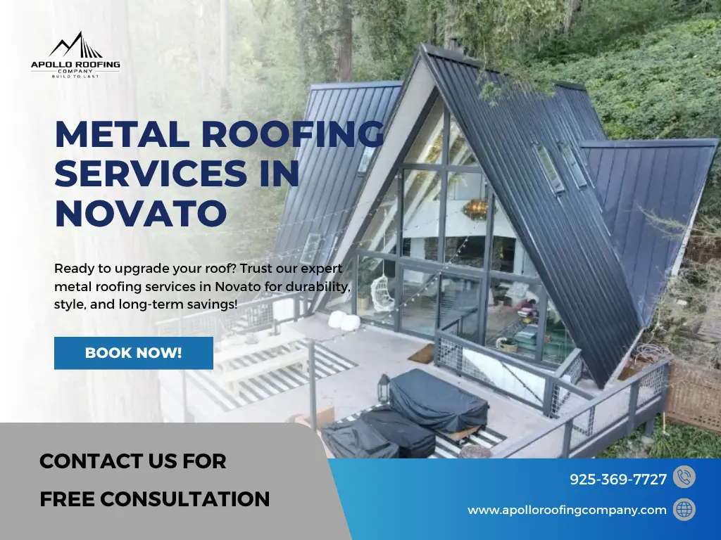 Metal roofing services in Novato by Apollo Roofing Company featuring a stylish modern A-frame home with black standing seam metal roof