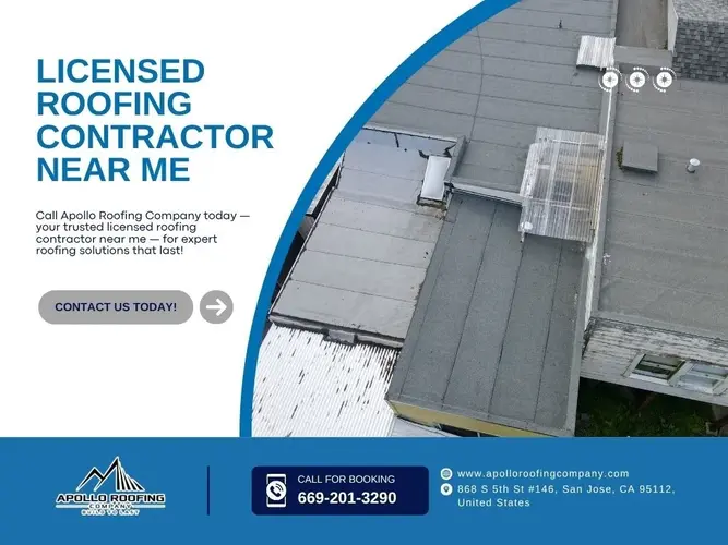 San Jose home rooftops shown in a flyer for Apollo Roofing Company, a licensed roofing contractor near me