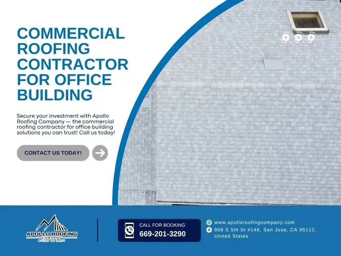 Top-down view of a commercial office roof with upgraded shingles, showcasing energy-efficient roofing solutions in San Jose