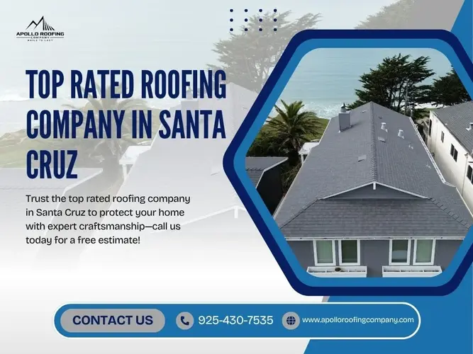 Top-rated Santa Cruz roofing banner featuring Apollo Roofing and a new coastal home roof