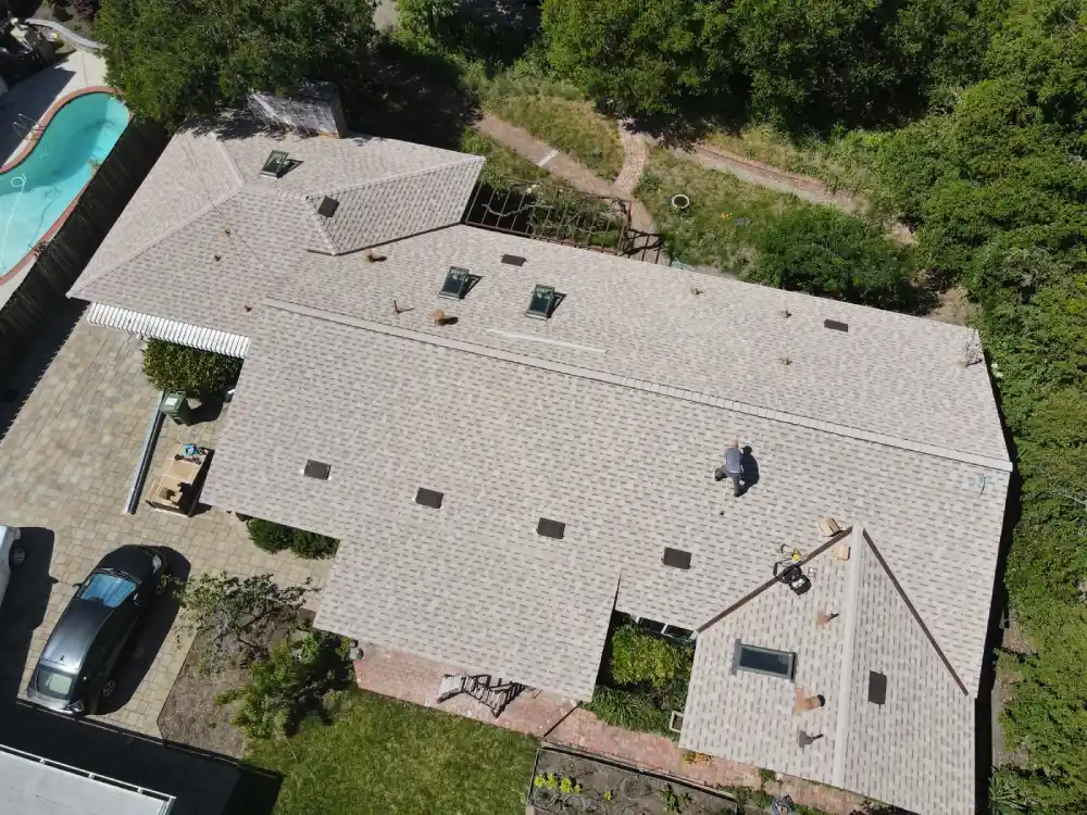 Aerial view of Apollo Roofing Company residential roofing project in Milpitas