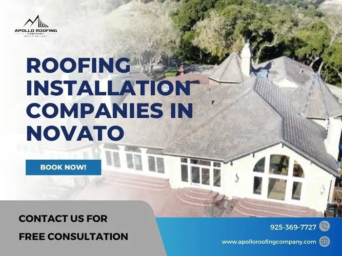 Aerial view of a Novato home with new roofing by Apollo Roofing Company