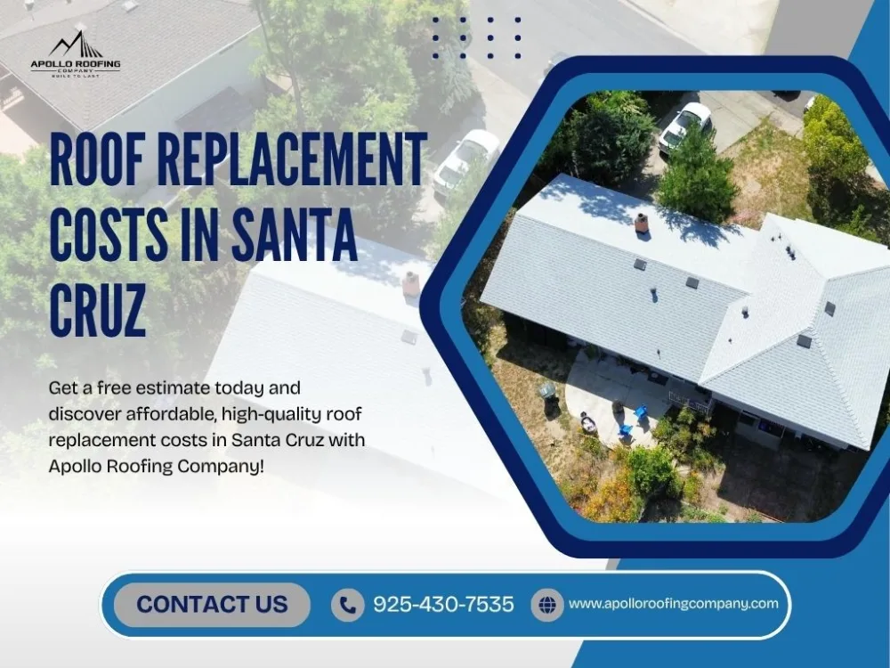 Apollo Roofing Company ad highlighting affordable roof replacement costs in Santa Cruz with free estimates