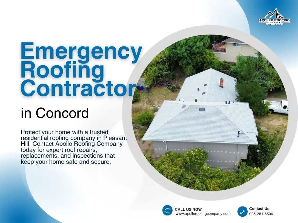 Emergency roofing contractor promotion featuring a residential roof replacement in Concord