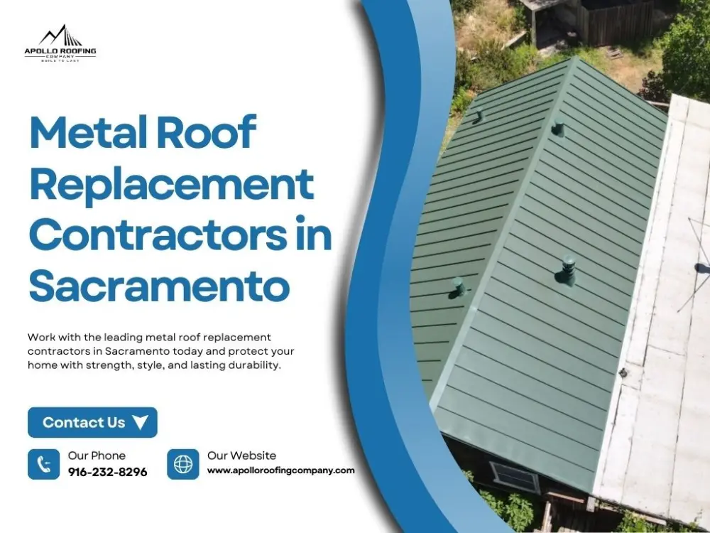 Green standing seam metal roof installation in Sacramento featured in Apollo Roofing Company’s contractor services ad