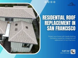 New roof shingles on a San Francisco home, promoting Apollo Roofing’s residential roof replacement services