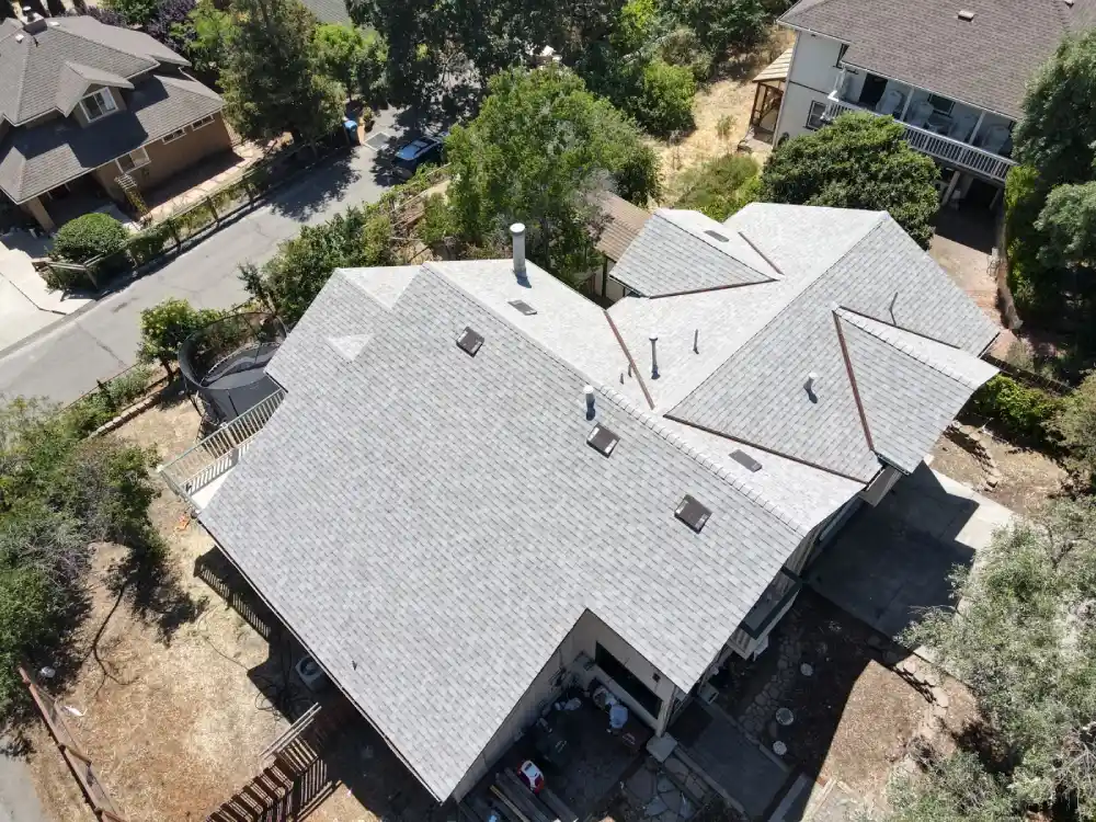 Aerial view of trusted San Francisco roof repair and installation gray