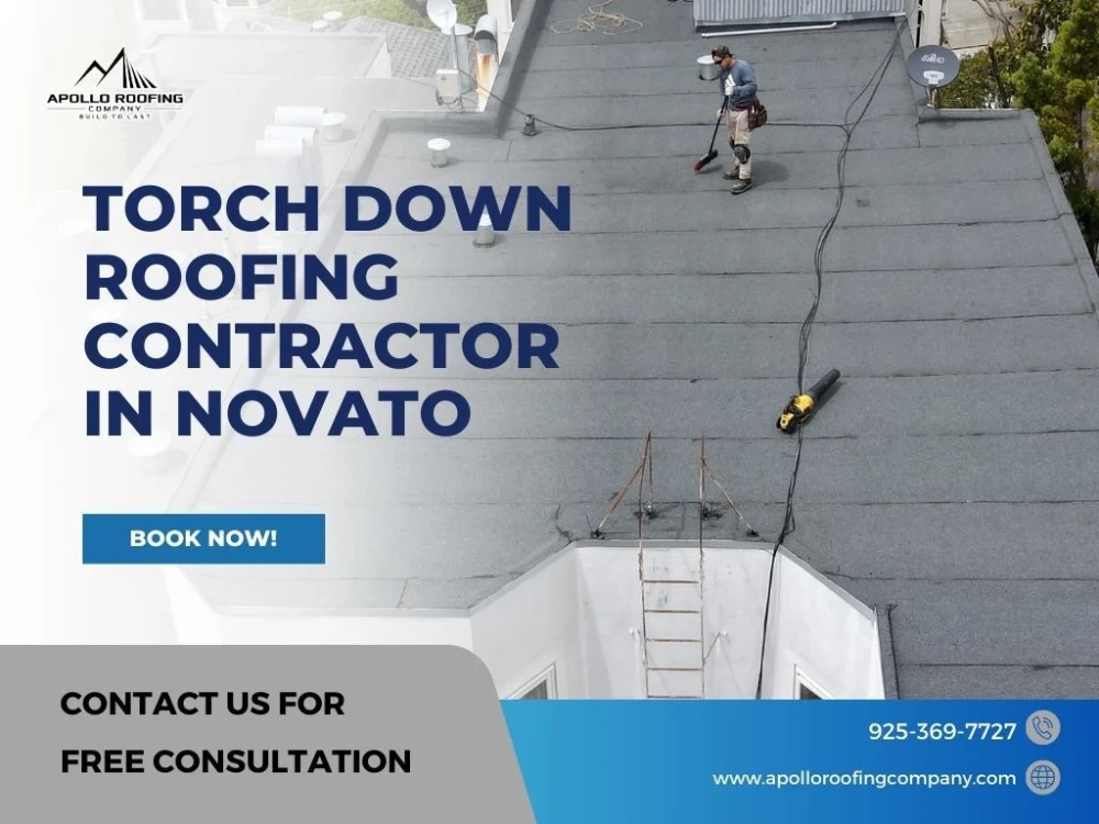 Novato roofing contractor installing torch down roofing system for reliable waterproofing