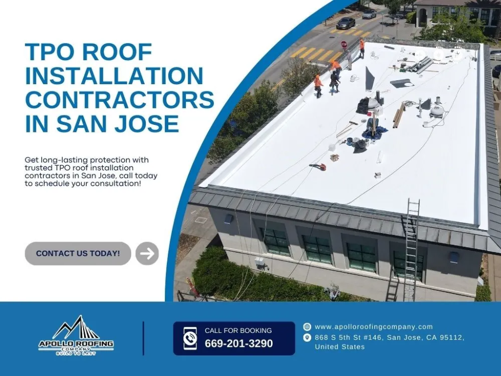 San Jose commercial building with TPO roof under construction, overhead view