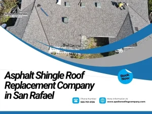 Aerial view of asphalt shingle roof replacement in progress in San Rafael