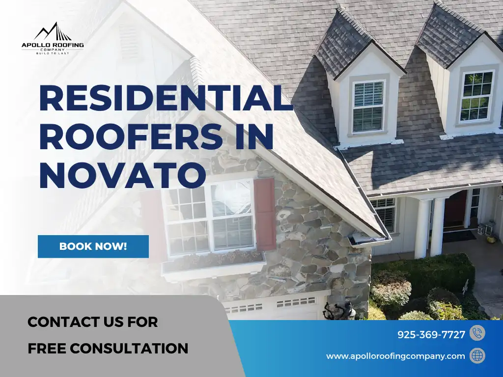 Novato home with shingle roofing shown in an ad for residential roofers