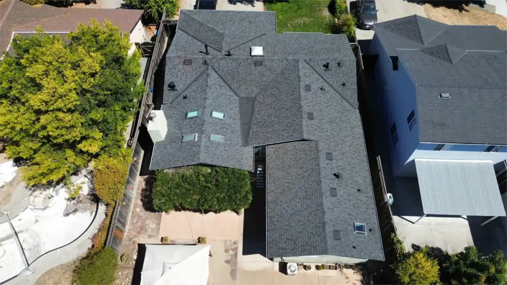 Residential rooftop with dark architectural shingles and skylights