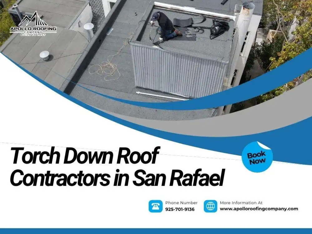 San Rafael torch down roofing contractor overseeing worker torch-sealing flat roof