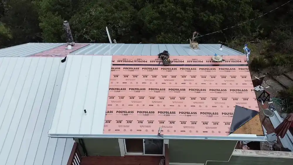 Close-up view of standing seam metal roof replacement on a Novato property