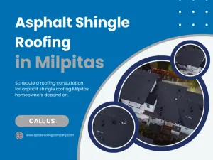Asphalt shingle roofing ad with aerial view of Milpitas homes