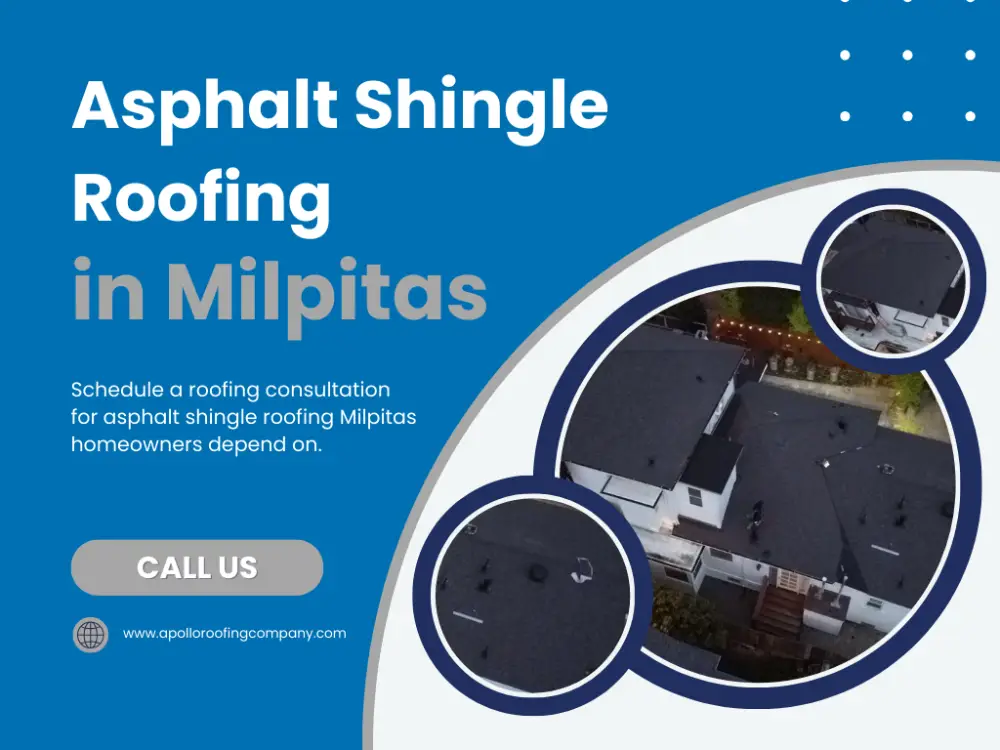 Asphalt shingle roofing ad with aerial view of Milpitas homes