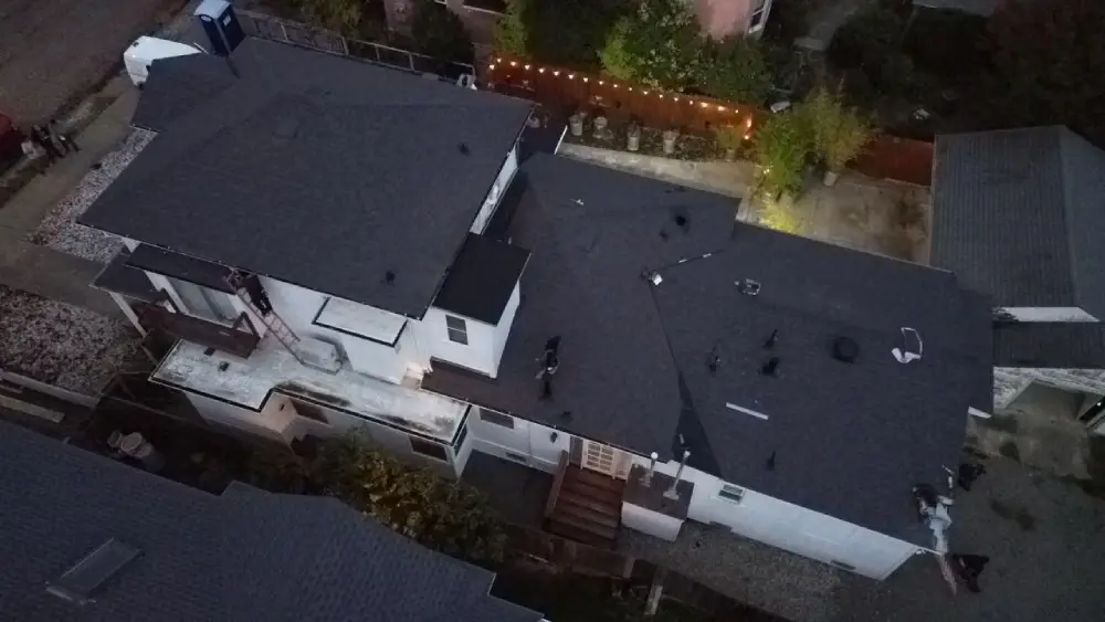 Asphalt shingle roofing example on multi-home residential block