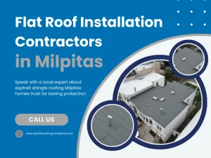 Flat roof installation contractors ad with Milpitas building rooftop view