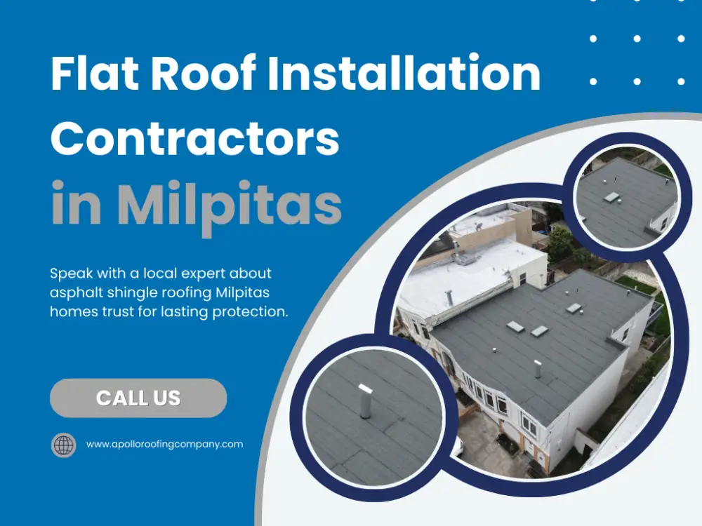 Flat roof installation contractors ad with Milpitas building rooftop view