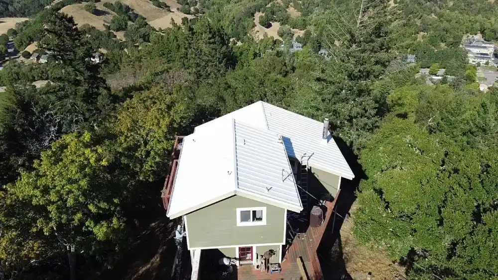 San Jose house with specialty roofing system in wooded area