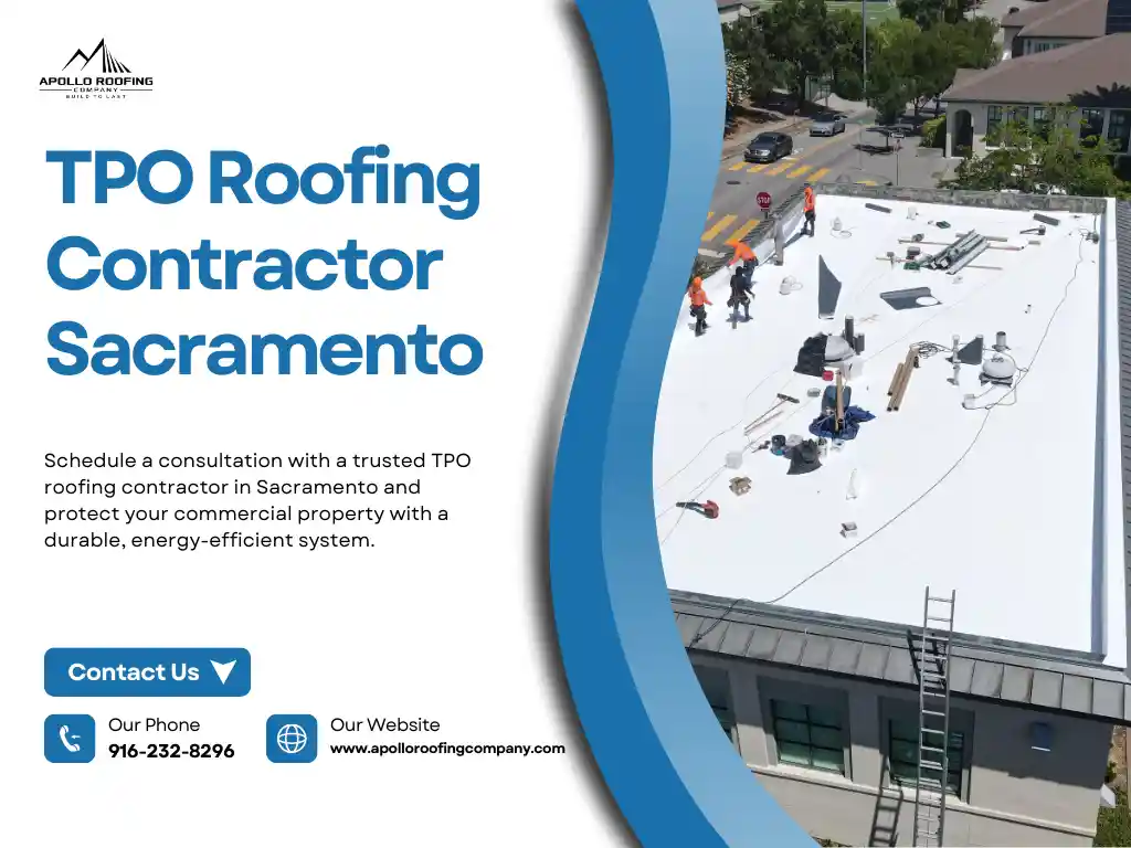 Workers installing white TPO roofing system on commercial rooftop