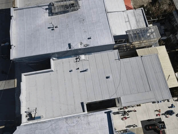 Flat roof metal roofing gray white