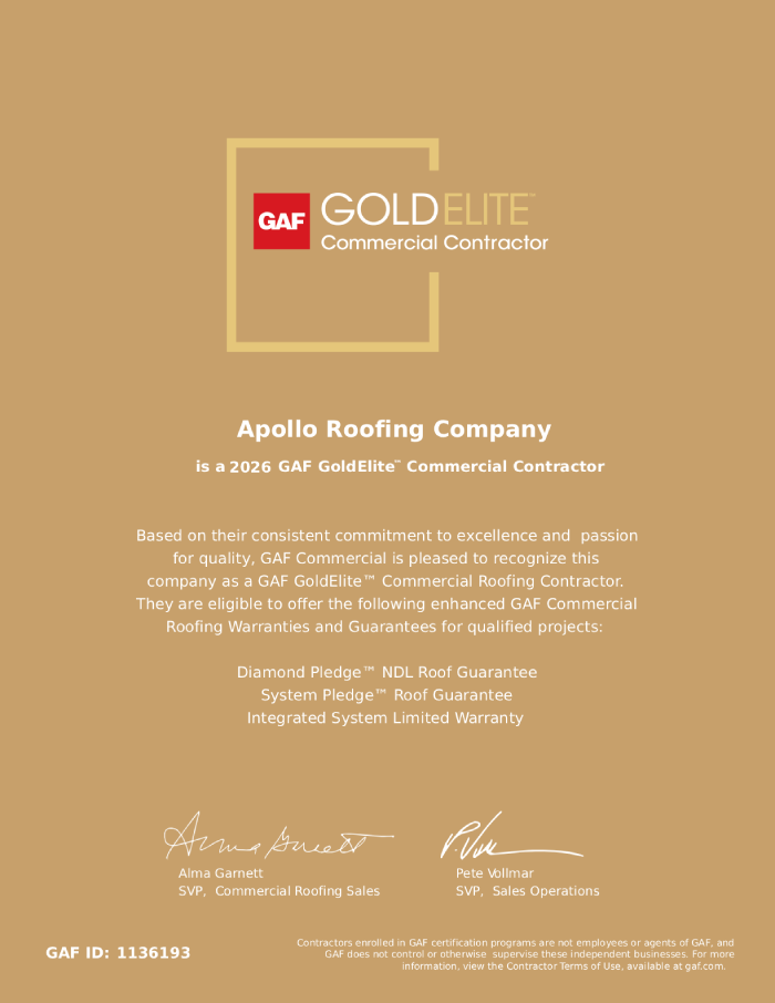 GAF GOLD ELITE CERTIFICATE - APOLLO ROOFING COMPANY 2026