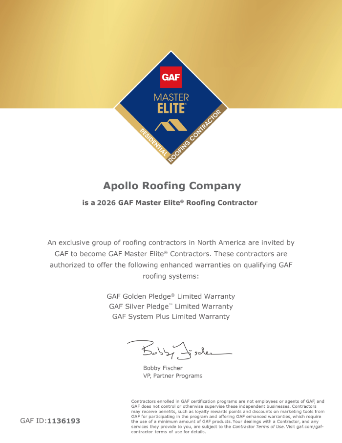 GAF MASTER ELITE CERTIFICATE - APOLLO ROOFING COMPANY 2026