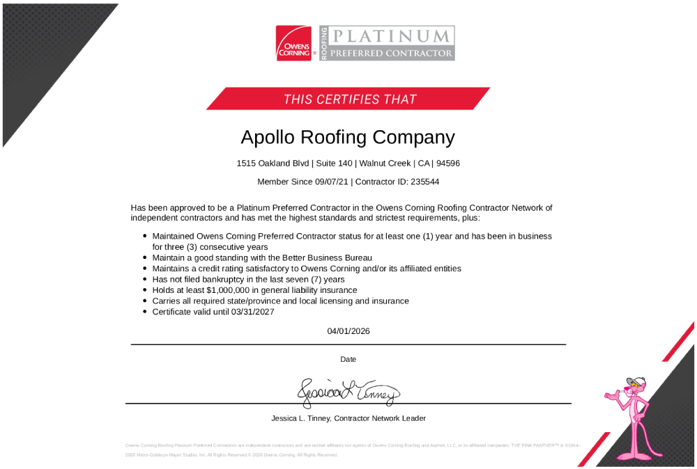 Owens Corning Platinum Certificate 2026 - Apollo Roofing Company