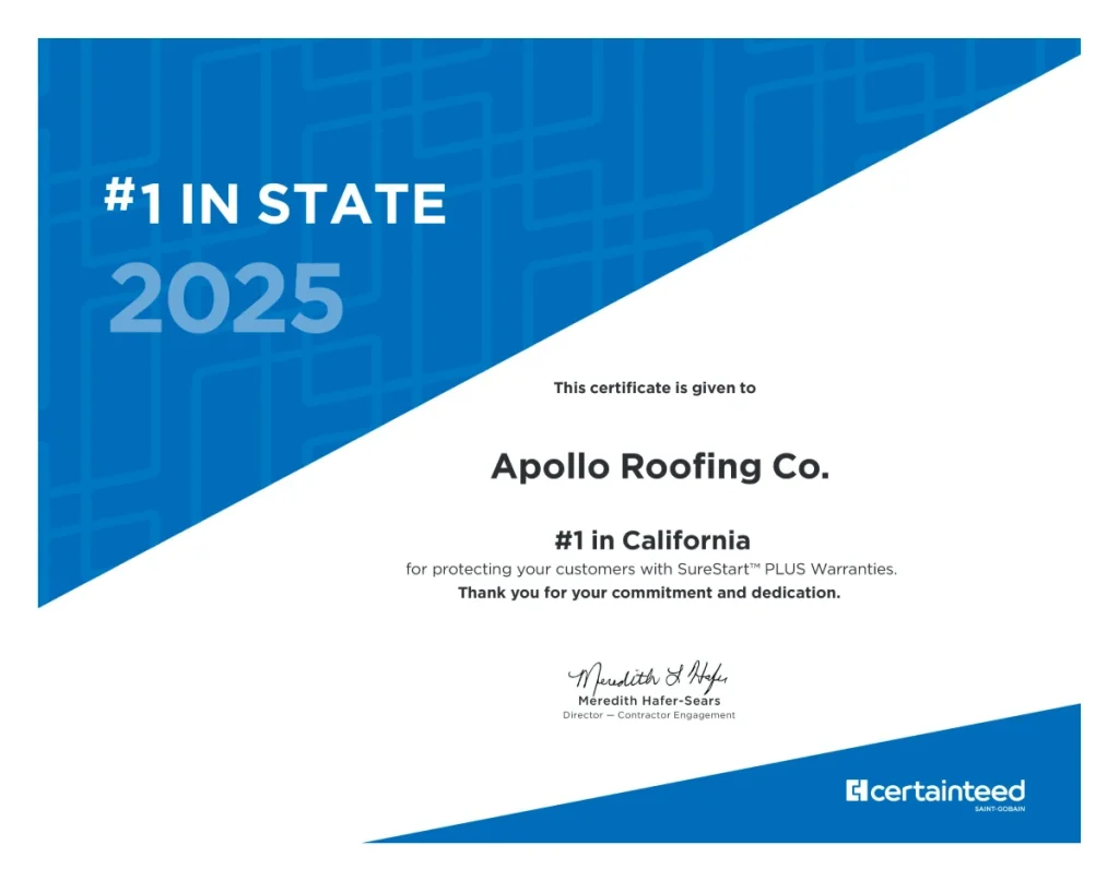 Apollo Roofing Company - No 1 by State Award Certificate 2025